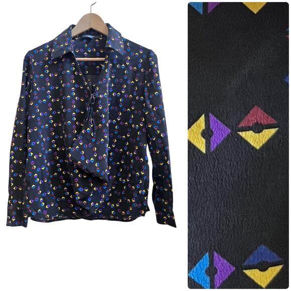 Derek Lam Silk Cuneiform Print Collared Drape Blouse Size 0 Relaxed Fit - Picture 4 of 16